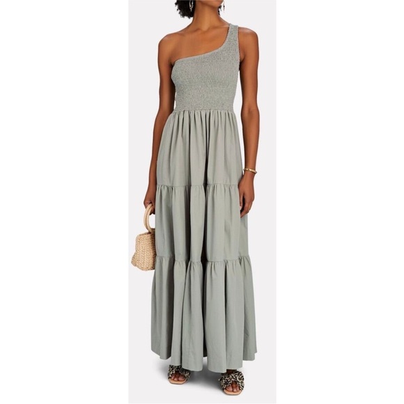 SWF x Revolve Smocked One Shoulder Maxi Dress Womens M Light Green Tiered Cotton - Picture 1 of 2